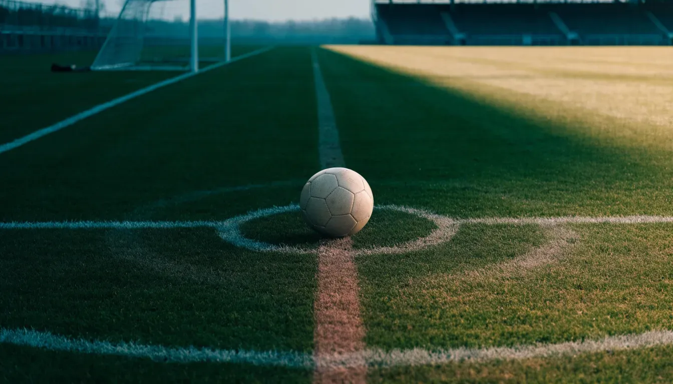 Ein Fußball liegt auf dem Mittelkreis eines leeren Rasenplatzes am frühen Morgen, im Hintergrund eine ferne Tribüne im Dunst.