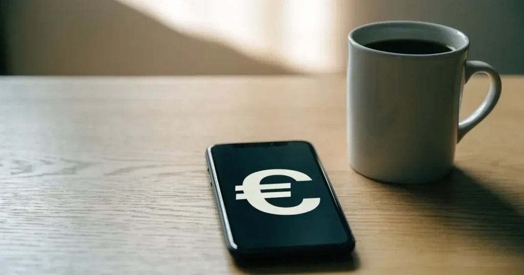 Ein Smartphone mit dunklem Display liegt neben einer Kaffeetasse und einigen Münzen auf einem hellen Holztisch, weiches Tageslicht fällt von links.