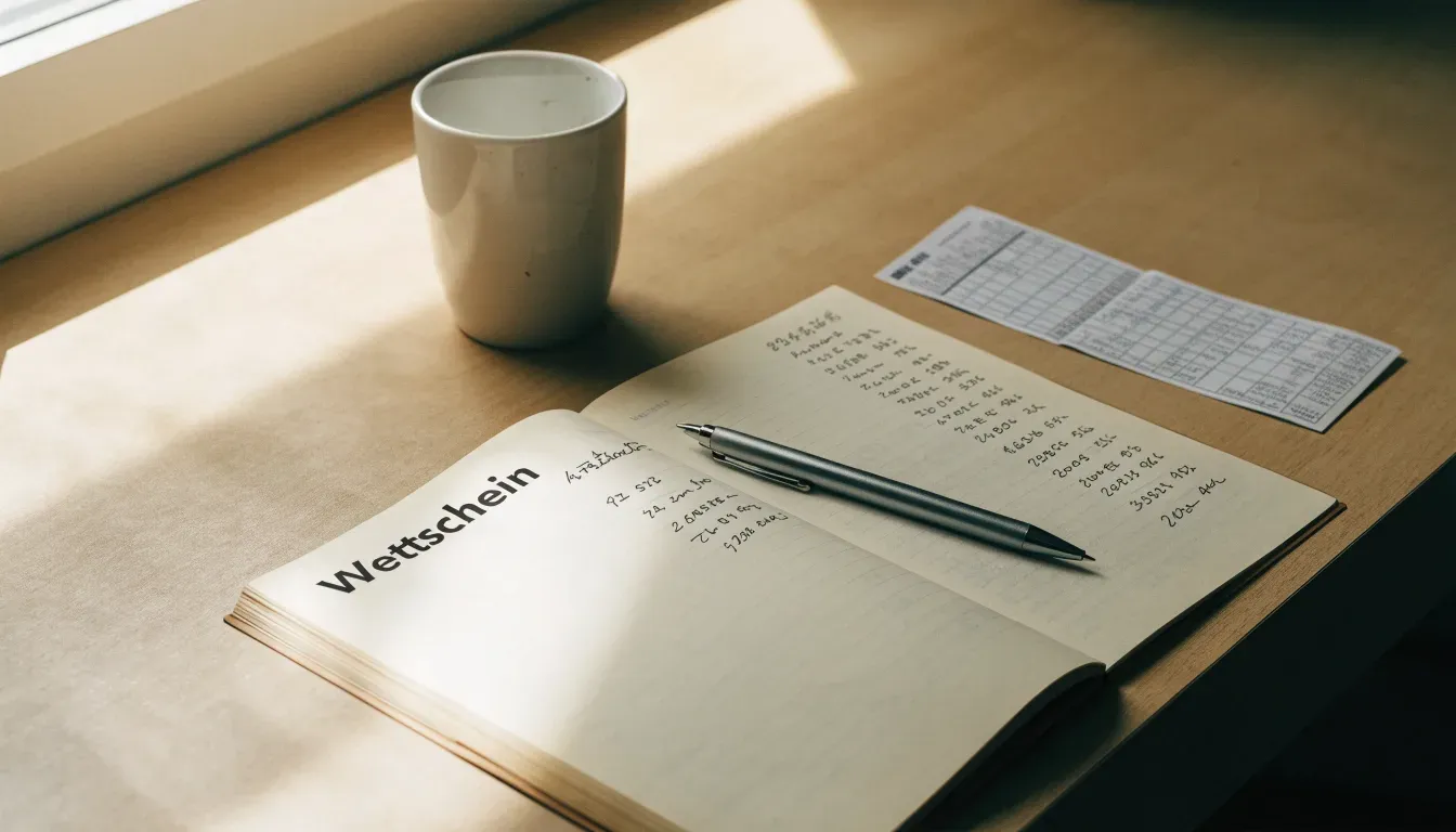 Ein Notizbuch mit handschriftlichen Notizen und ein Kugelschreiber liegen auf einem Schreibtisch neben einer Tasse, Blick schräg von oben.