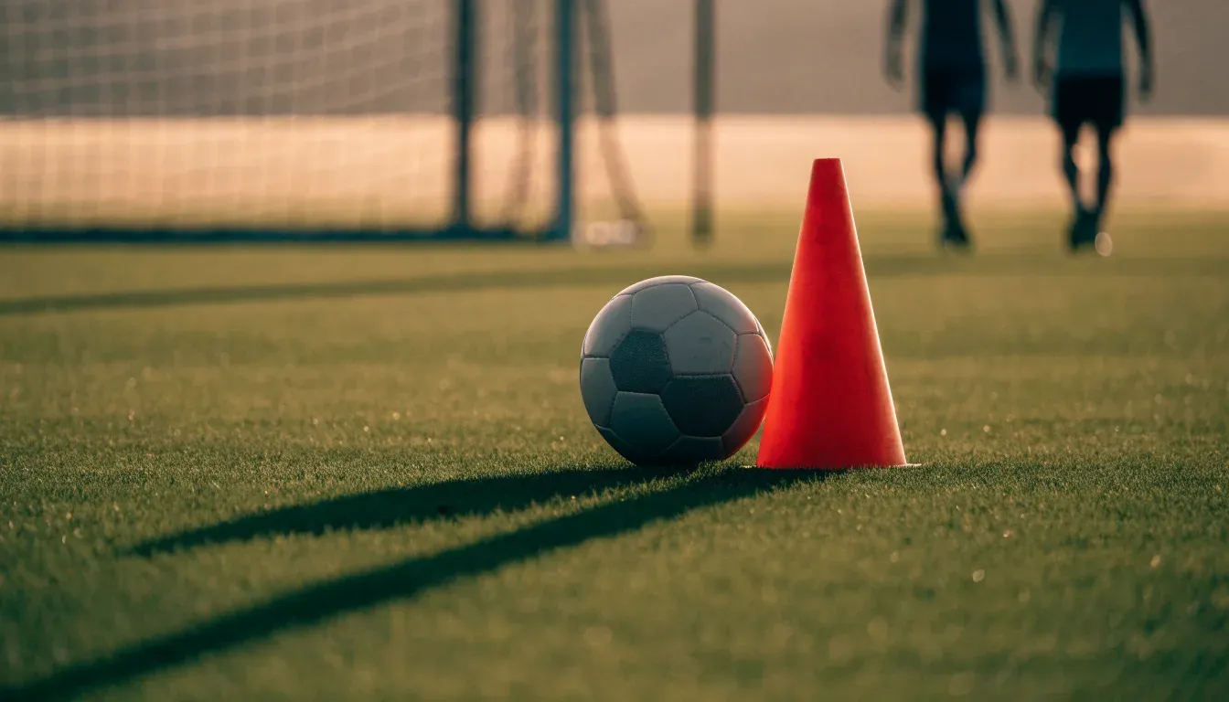 Ein Fußball liegt auf einem Trainingsplatz neben einem orangen Hütchen, Abendlicht fällt flach über den Rasen.
