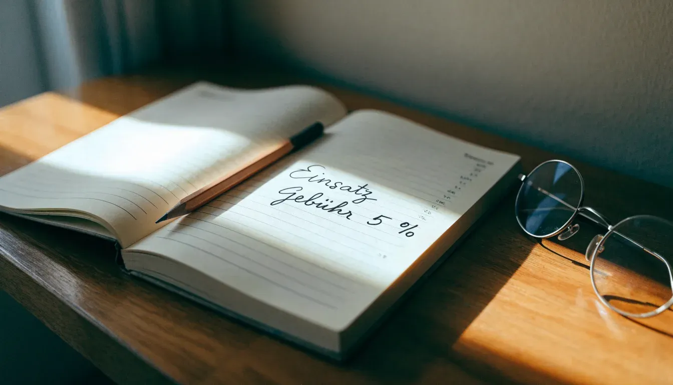 Ein aufgeschlagenes Notizbuch mit handschriftlichen Notizen liegt neben einem Bleistift auf einem Schreibtisch, daneben eine Brille.