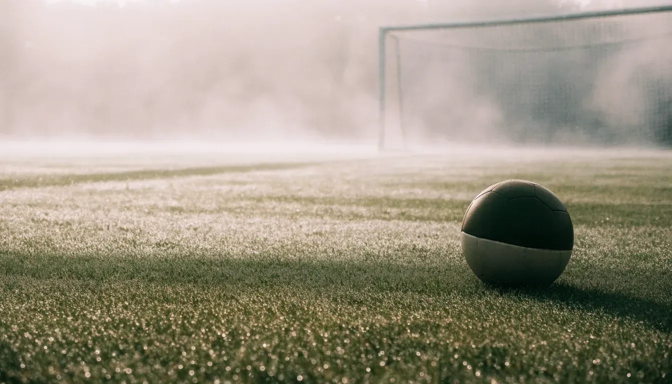 Ein leeres Fußballfeld im Morgennebel, die Mittellinie verliert sich im Dunst, kein Mensch ist zu sehen.