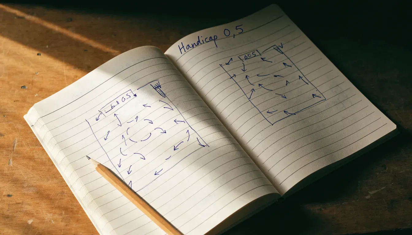 Ein aufgeschlagenes Notizbuch mit handschriftlichen Skizzen und Pfeilen liegt neben einem Bleistift auf einem Holztisch, Tageslicht fällt von der Seite.