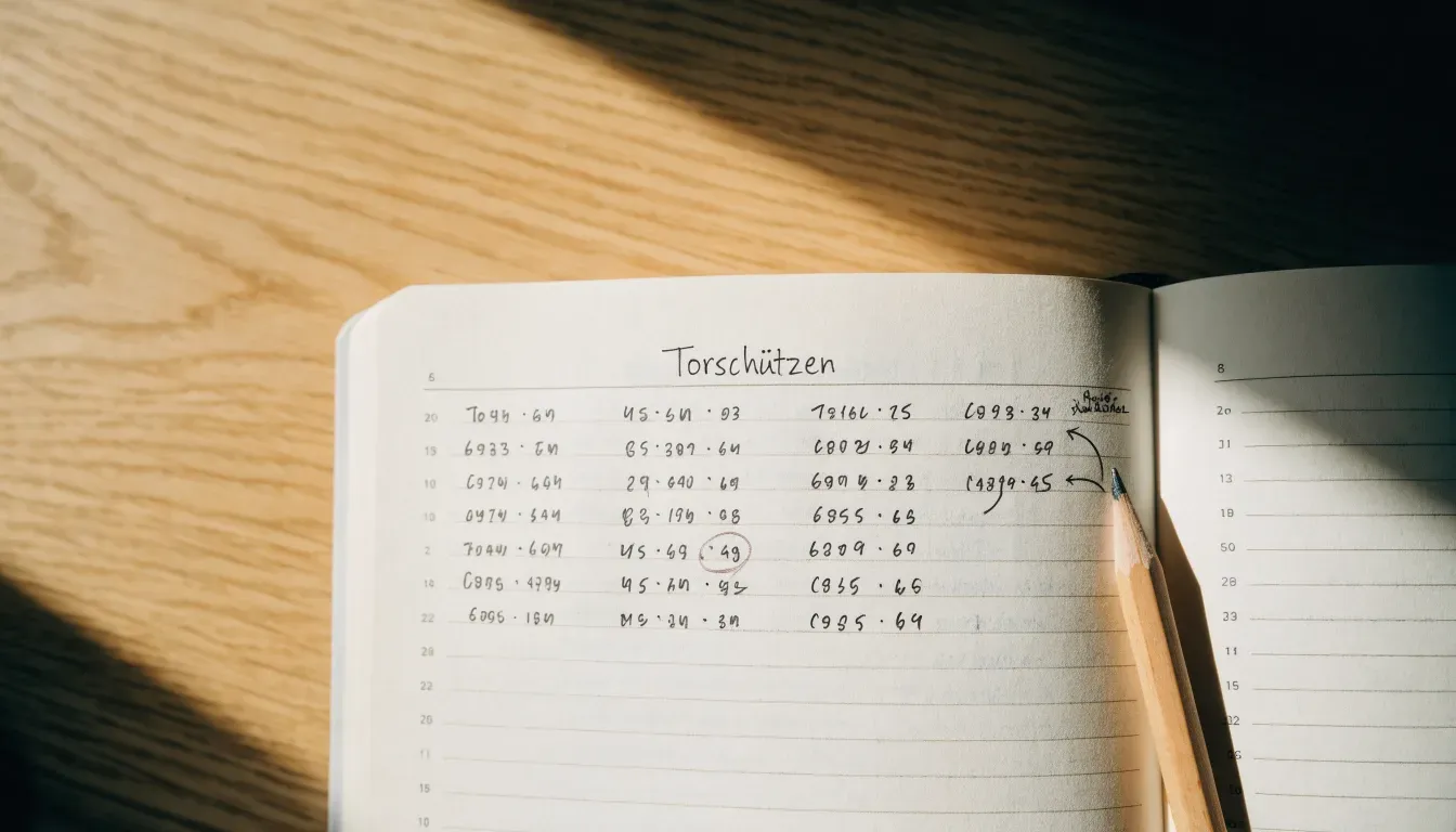 Ein aufgeschlagenes Notizbuch mit handschriftlichen Notizen und Pfeilen liegt neben einem Bleistift auf einem Holztisch, Tageslicht von links.