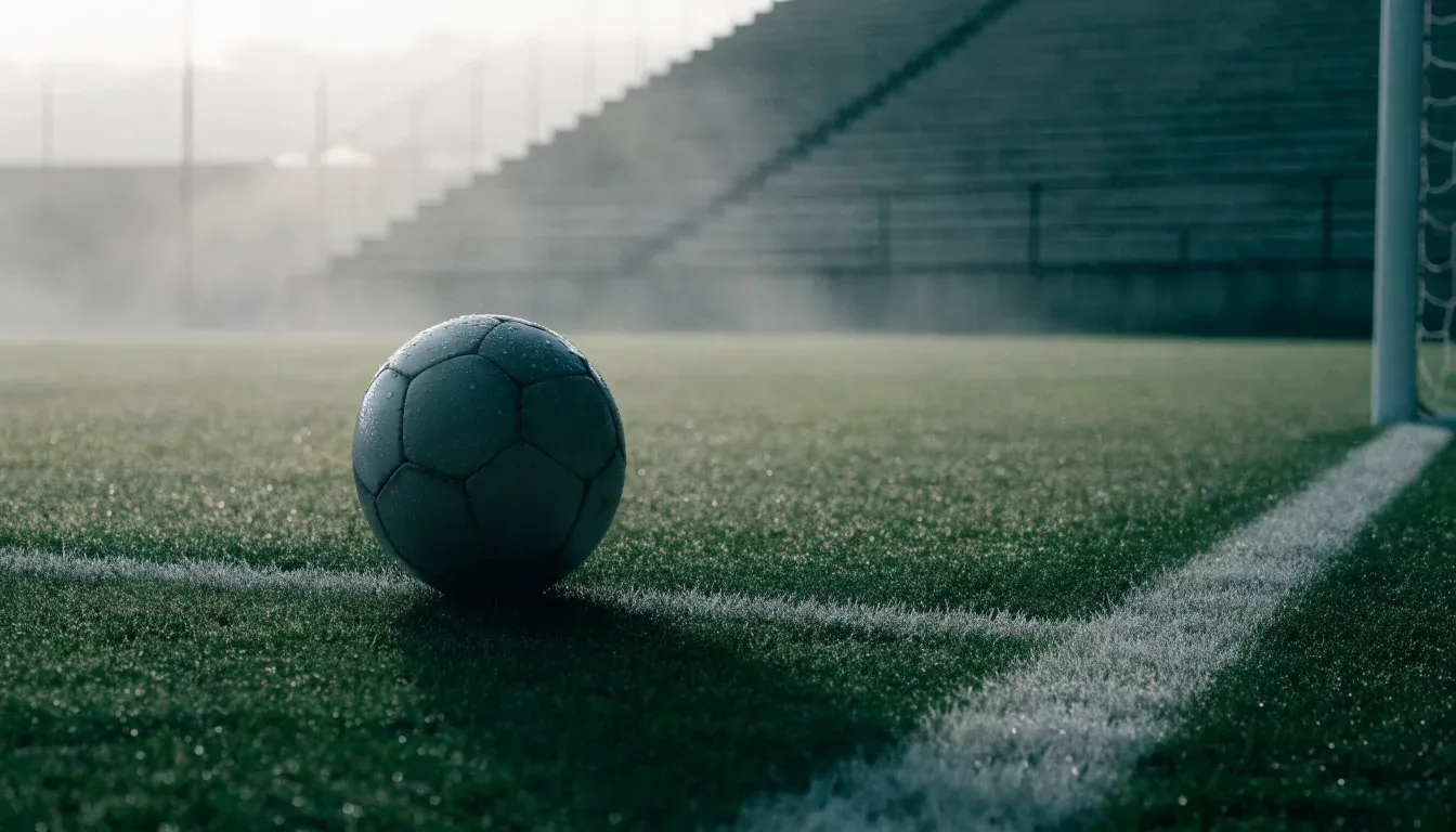 Ein Fußball liegt auf dem Rasen vor einer leeren Tribüne am frühen Morgen, Tau glänzt auf dem Gras.