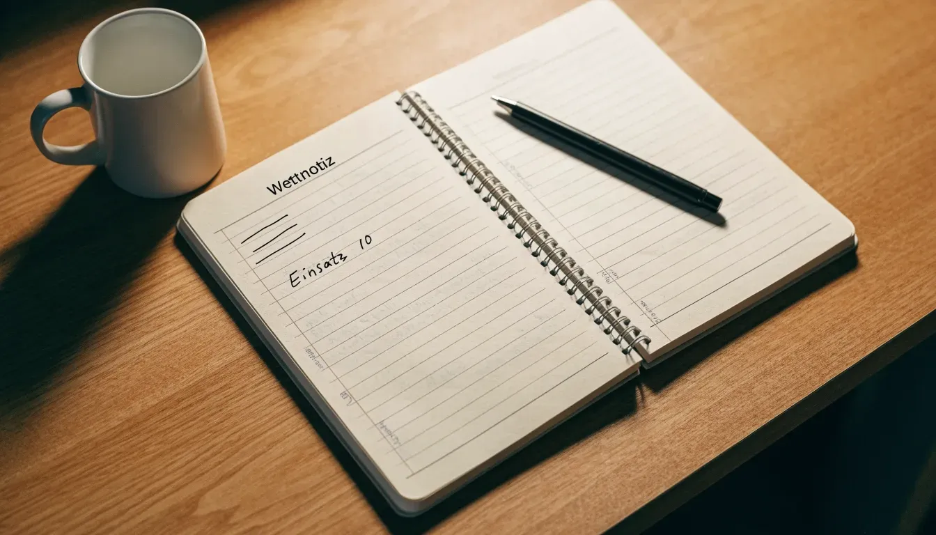 Ein Notizbuch mit handschriftlichen Notizen und ein Kugelschreiber liegen auf einem Schreibtisch neben einer Tasse, Blick schräg von oben.