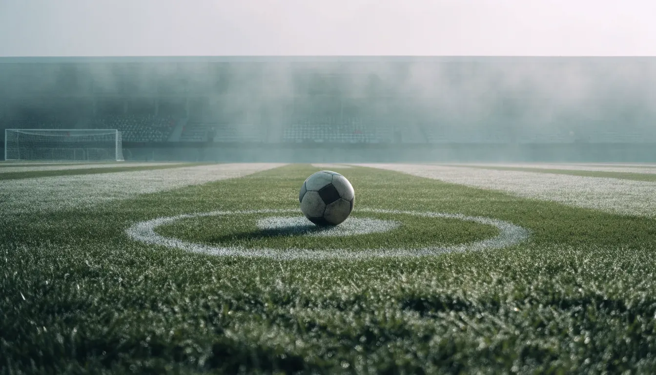 Ein Fußball liegt auf dem Anstoßpunkt eines leeren Rasenplatzes im Morgendunst, im Hintergrund eine ferne Tribüne.