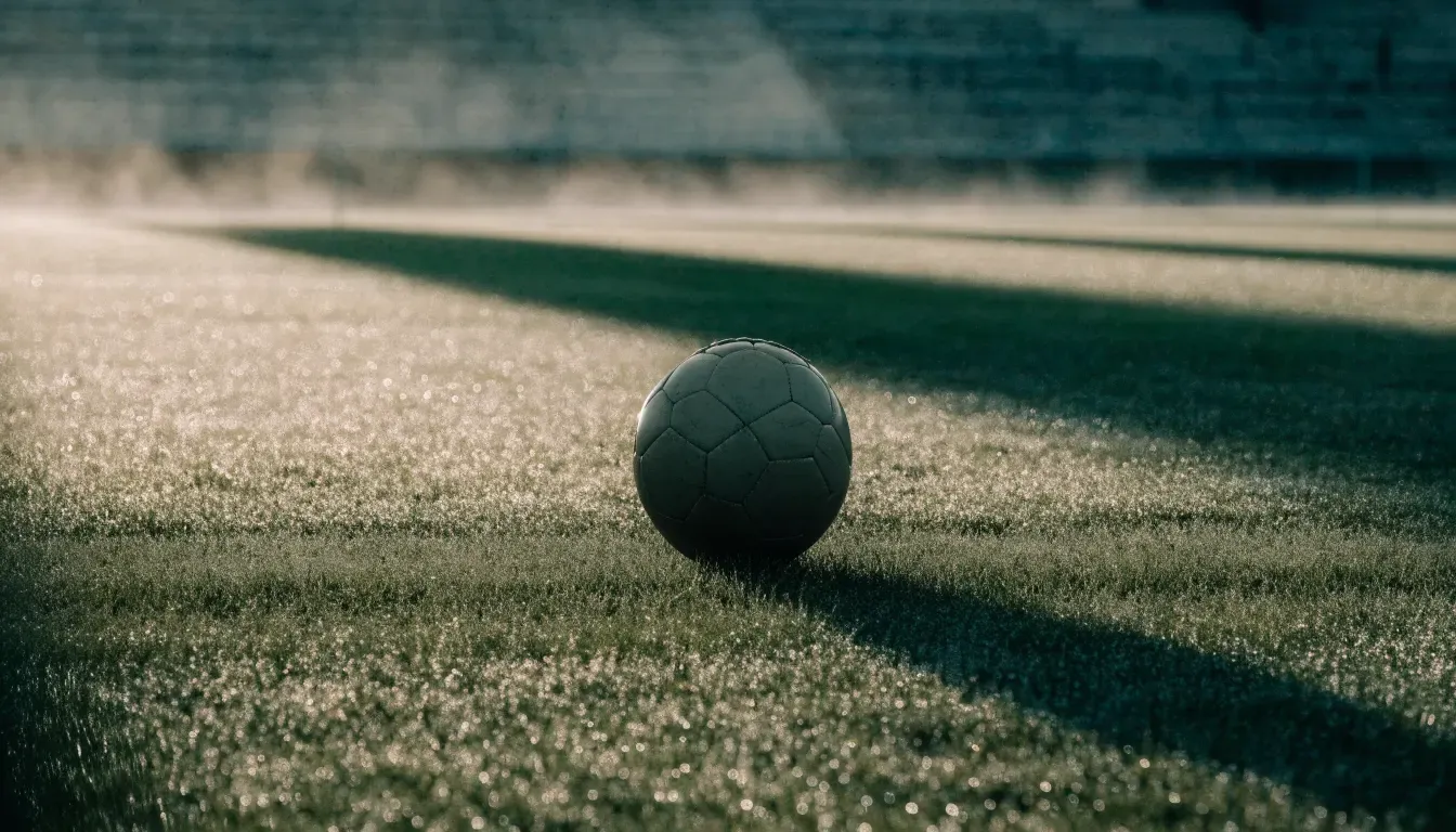 Ein Fußball liegt auf einem Rasenplatz, im Hintergrund eine ferne Tribüne im Morgendunst, Tau glänzt im Gras.