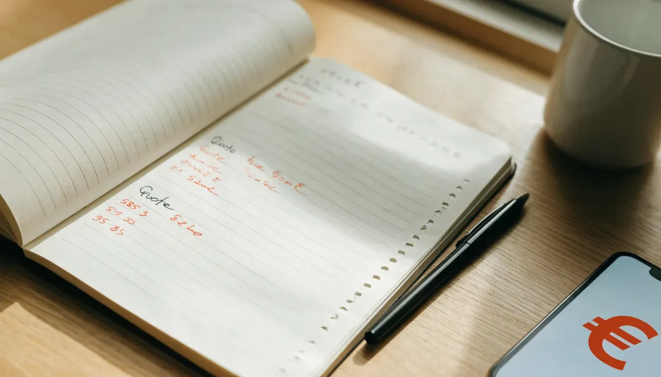 Ein Notizbuch mit handschriftlichen Notizen und ein Kugelschreiber liegen auf einem Schreibtisch neben einer Tasse, Blick schräg von oben.