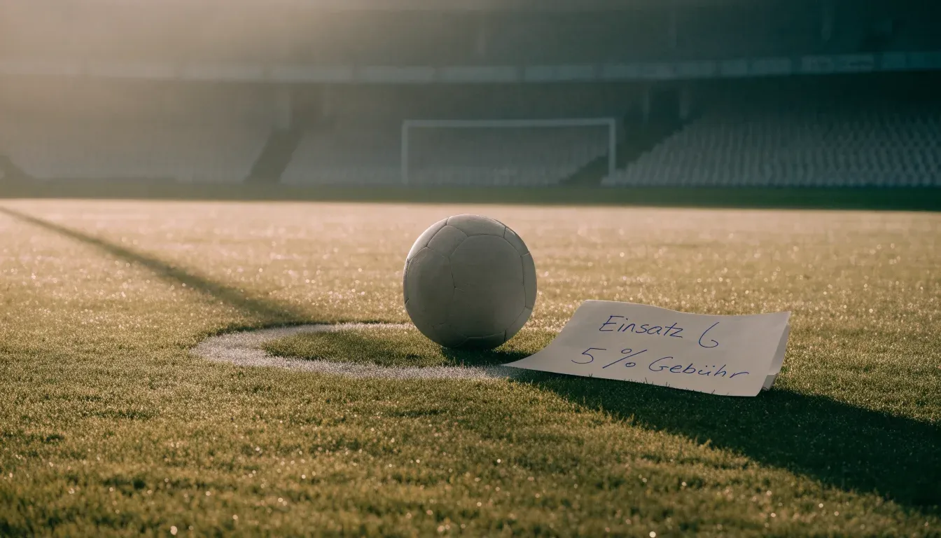 Ein Fußball liegt auf dem Mittelkreis eines leeren Rasenplatzes am frühen Morgen, im Hintergrund eine ferne Tribüne im Dunst.