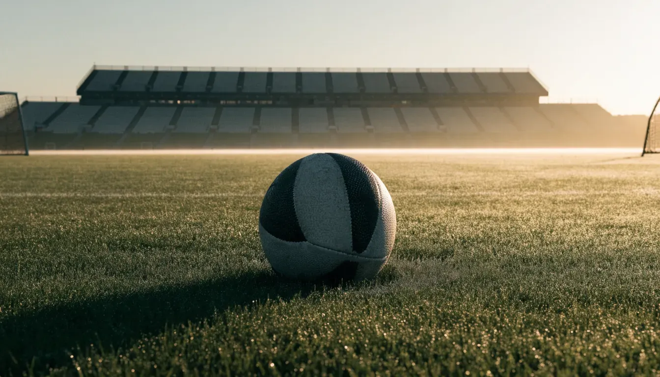 Ein Fußball liegt auf dem Mittelkreis eines leeren Rasenplatzes am frühen Morgen, im Hintergrund eine ferne Tribüne im Dunst.