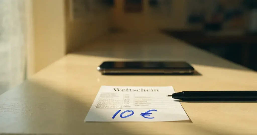 Ein leerer Papier-Wettschein ohne Aufdruck liegt neben einem Kugelschreiber auf einem hellen Tresen, weiches Seitenlicht.