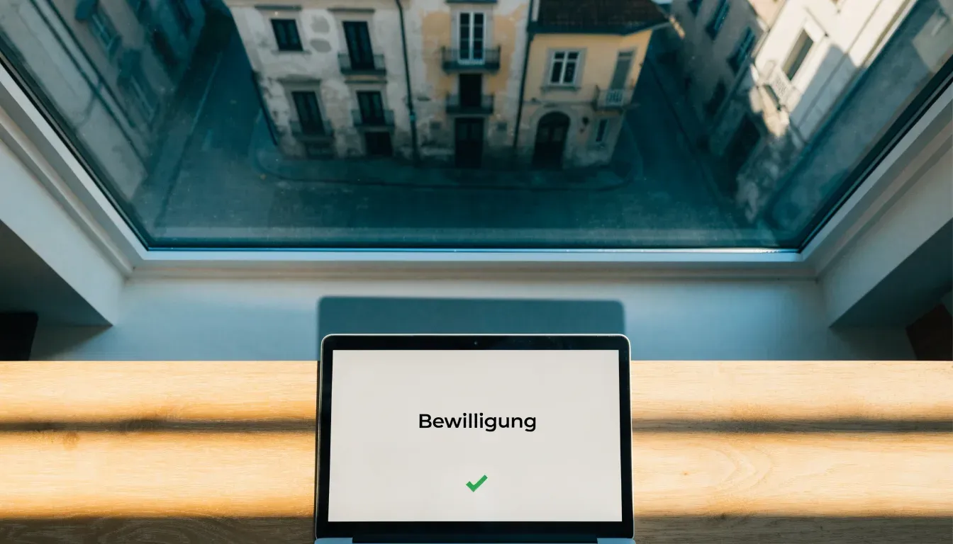 Ein ruhiger Straßenzug in einer Altstadt am Vormittag, helle Fassaden, keine Schilder, niemand ist zu sehen.
