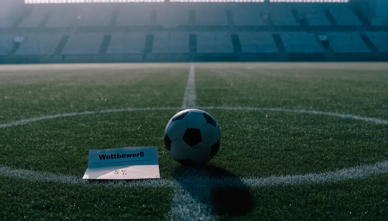 Ein Fußball liegt auf dem Mittelkreis eines leeren Rasenplatzes am frühen Morgen, im Hintergrund eine ferne Tribüne im Dunst.