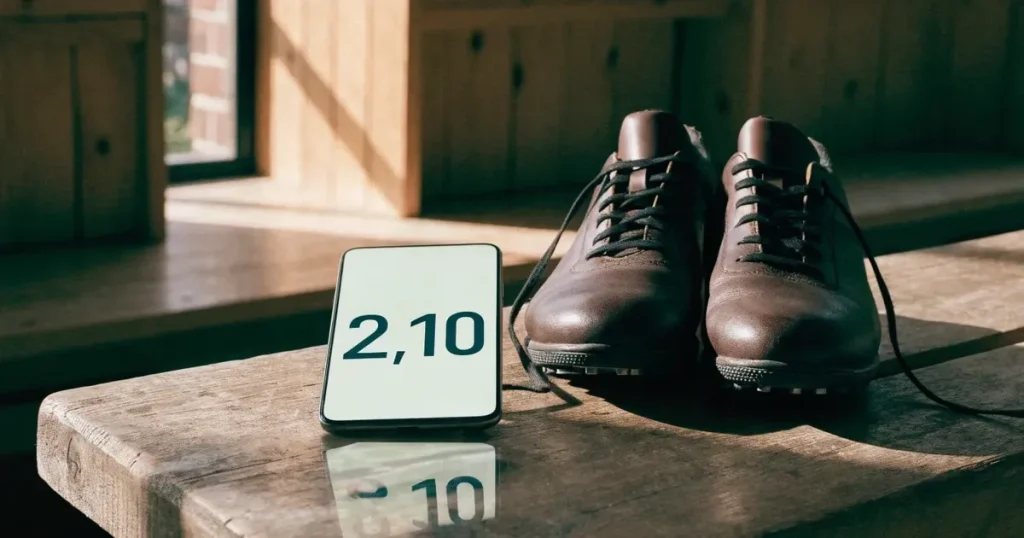 Ein Smartphone mit dunklem Display liegt auf einer Holzbank neben einem Paar Fußballschuhen, Morgenlicht fällt durch ein Fenster.