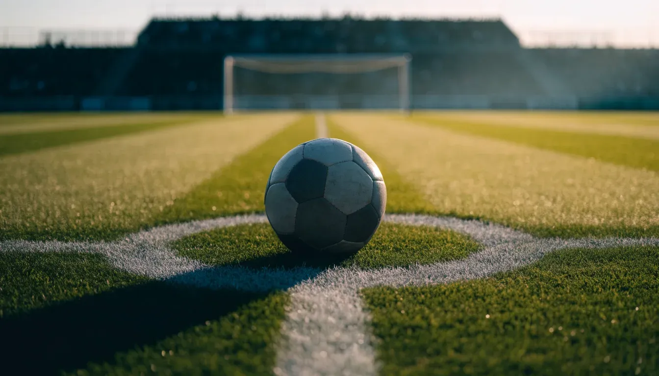 Ein Fußball liegt auf dem Mittelkreis eines leeren Rasenplatzes am frühen Morgen, im Hintergrund eine ferne Tribüne im Dunst.