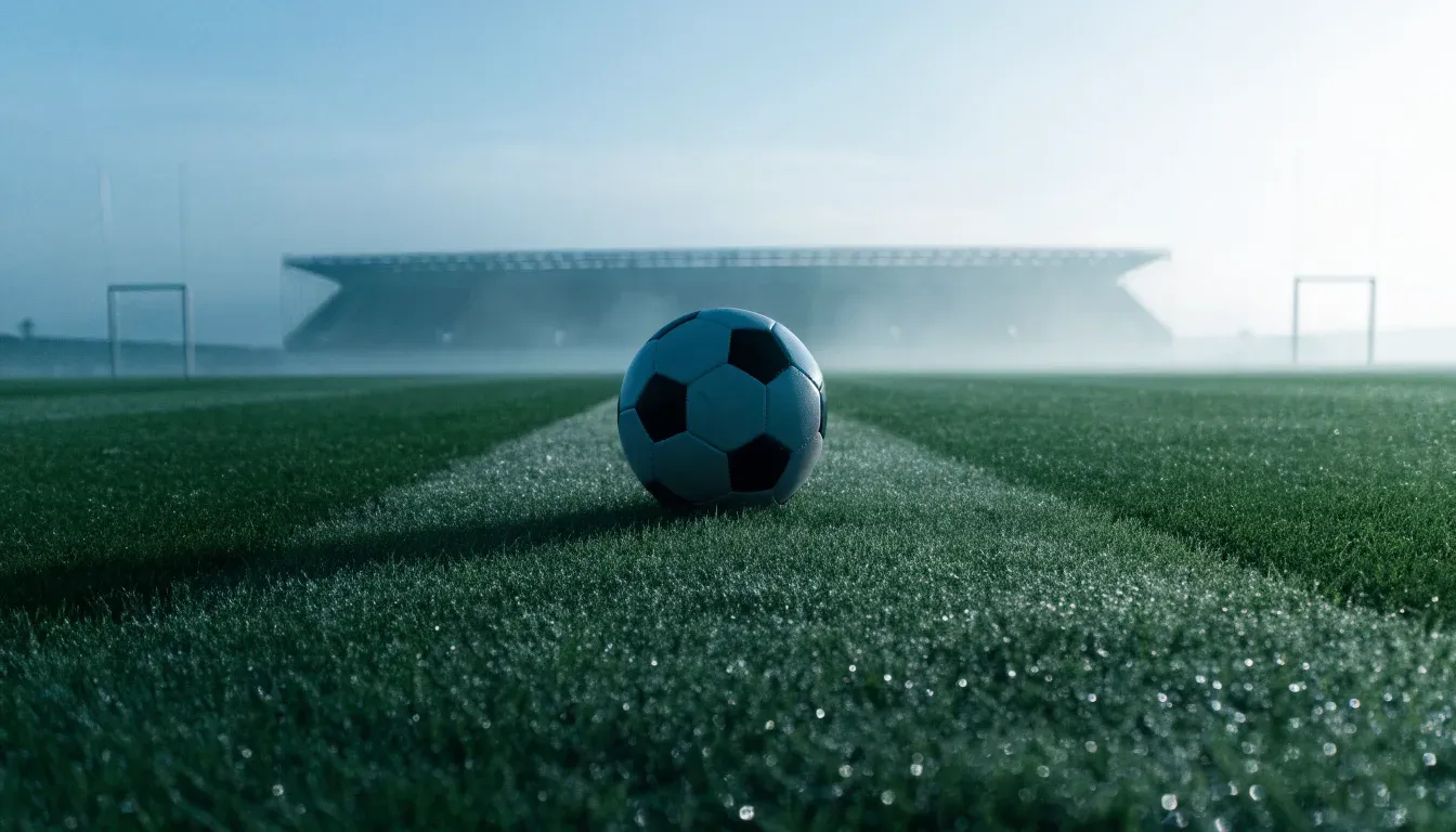 Ein Fußball liegt auf dem Mittelkreis eines leeren Rasenplatzes am frühen Morgen, im Hintergrund eine ferne Tribüne im Dunst.