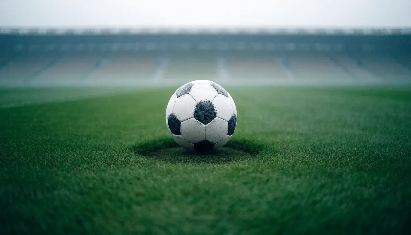 Ein Fußball liegt auf dem Anstoßpunkt eines leeren Rasenplatzes im Morgendunst, im Hintergrund eine ferne Tribüne.