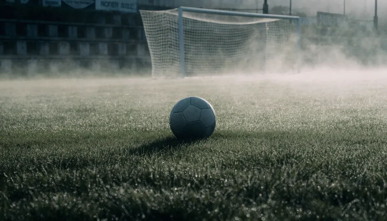 Ein Fußball liegt auf dem Anstoßpunkt eines leeren Rasenplatzes im Morgennebel, im Hintergrund verschwimmen die Tribünen.