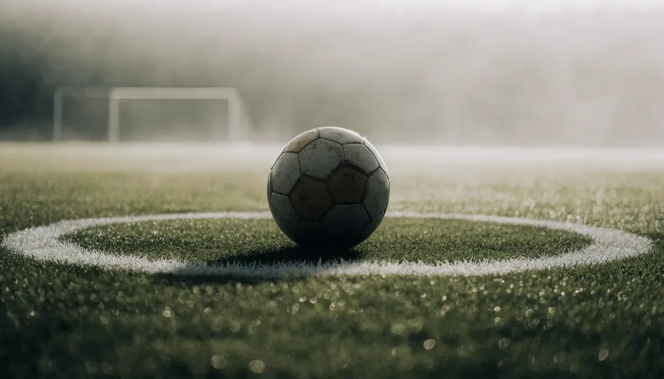 Ein Fußball liegt auf dem Anstoßpunkt eines leeren Rasenplatzes im Morgennebel.