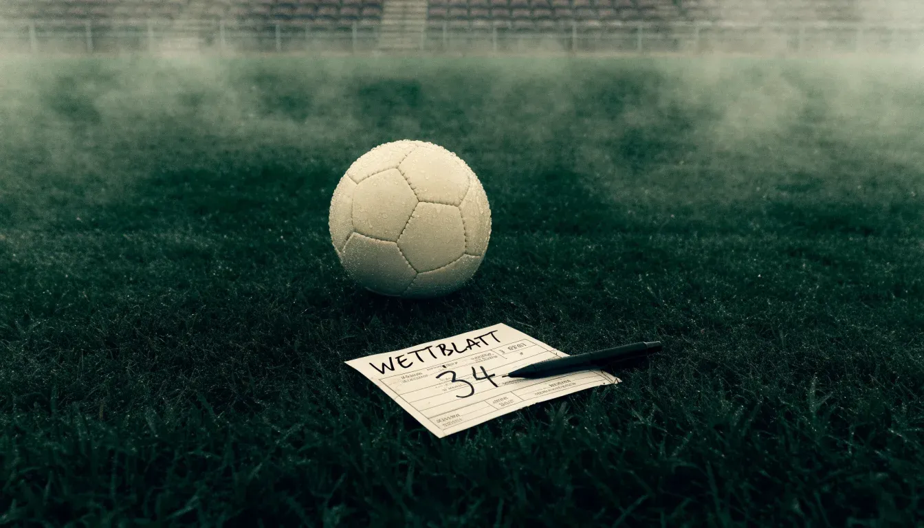 Ein Fußball liegt auf dem Rasen eines leeren Platzes im Morgennebel, im Hintergrund verschwimmen die Tribünen.