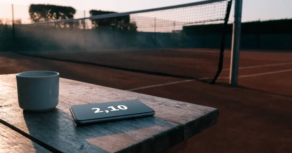 Ein Tennisplatz aus Sand liegt menschenleer im ersten Licht der Morgendämmerung, die Netze hängen still.