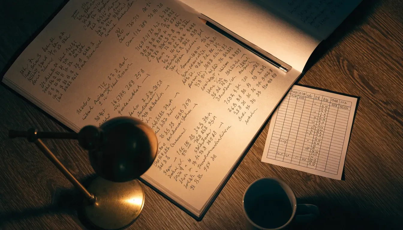 Ein aufgeschlagenes Notizbuch mit handschriftlichen Notizen und ein Bleistift liegen auf einem Schreibtisch im Licht einer Lampe.