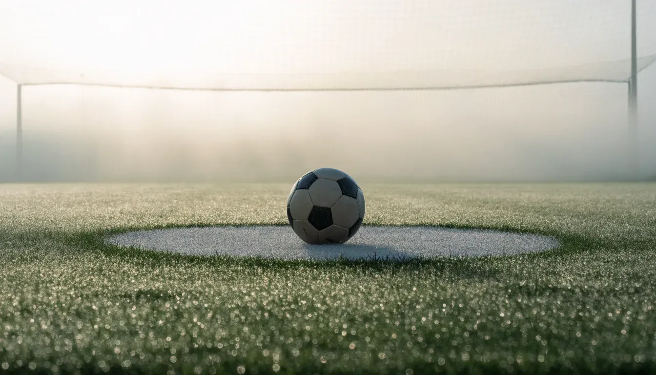 Ein Fußball liegt auf dem Anstoßpunkt eines leeren Rasenplatzes im Morgennebel.