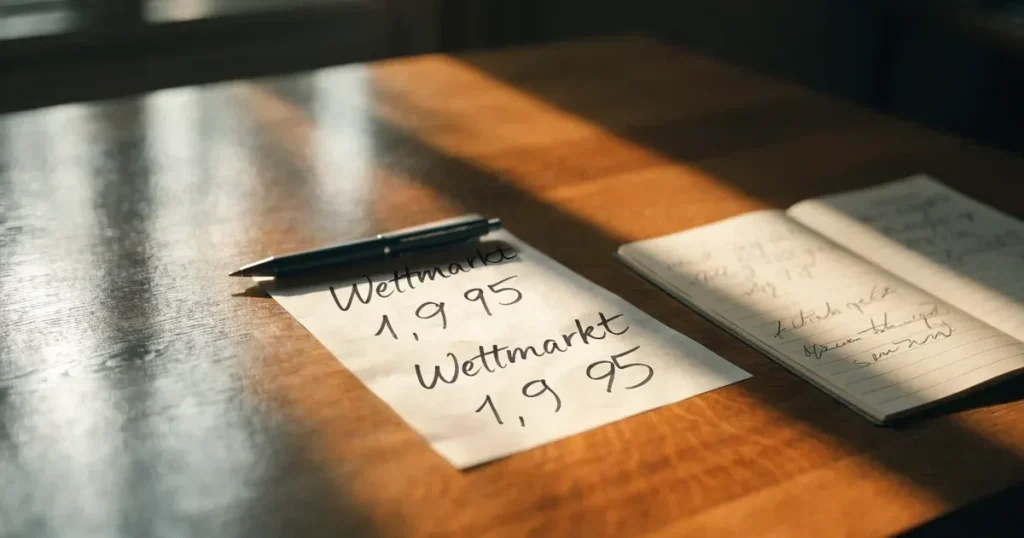 Ein leerer Wettschein aus Papier und ein Kugelschreiber liegen auf einem Holztisch, daneben ein kleiner Taschenrechner im Seitenlicht.