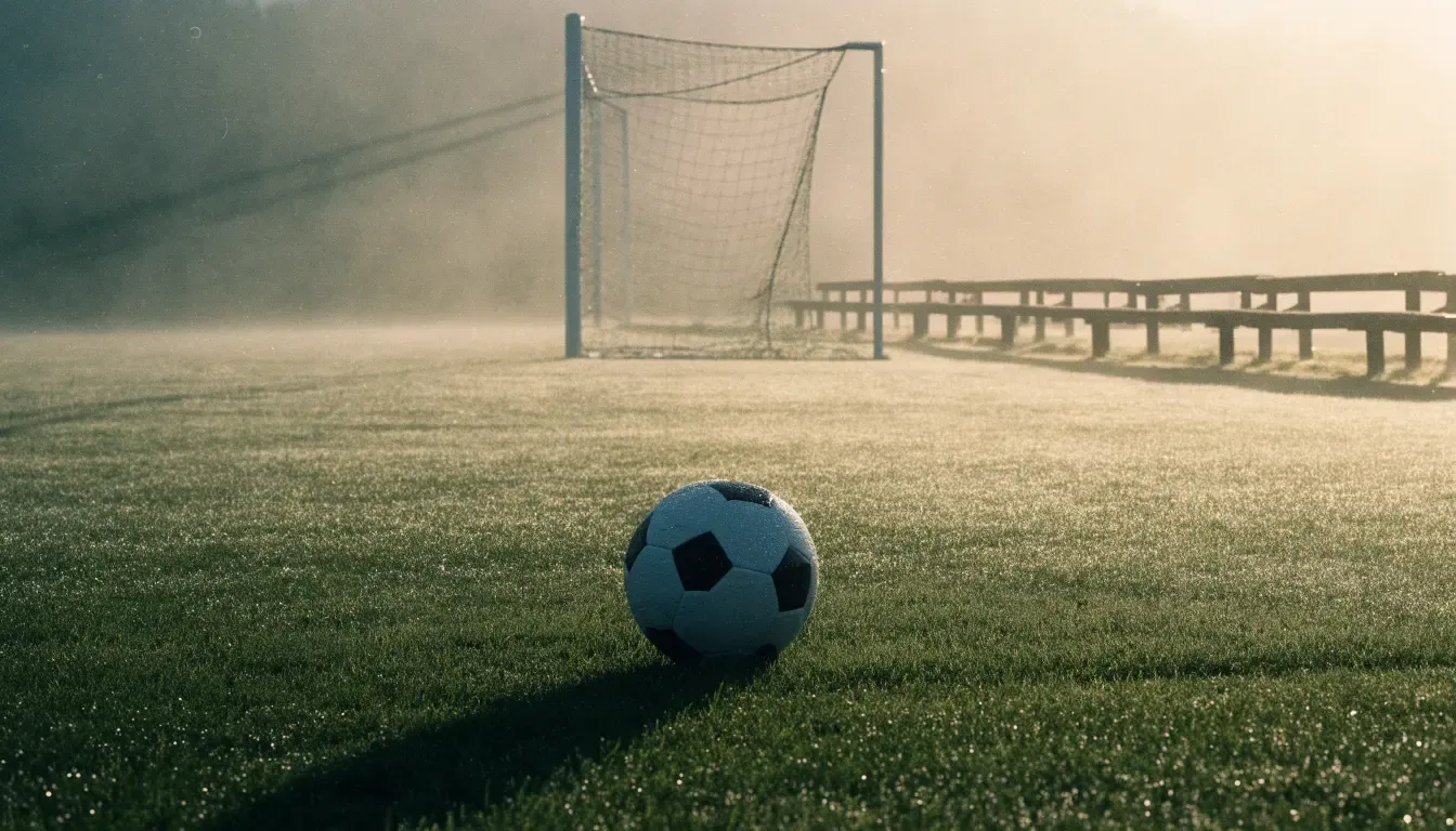 Ein Fußball liegt auf dem Rasen eines leeren Platzes im Morgennebel, am Rand stehen unbesetzte Ersatzbänke.