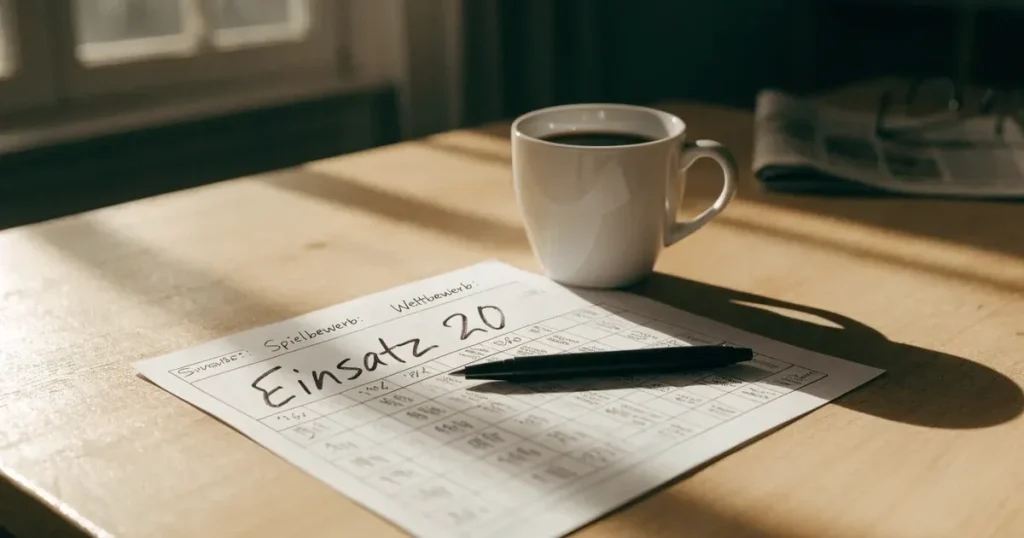 Ein leerer Wettschein aus Papier und ein Kugelschreiber liegen auf einem hellen Holztisch neben einer Kaffeetasse.