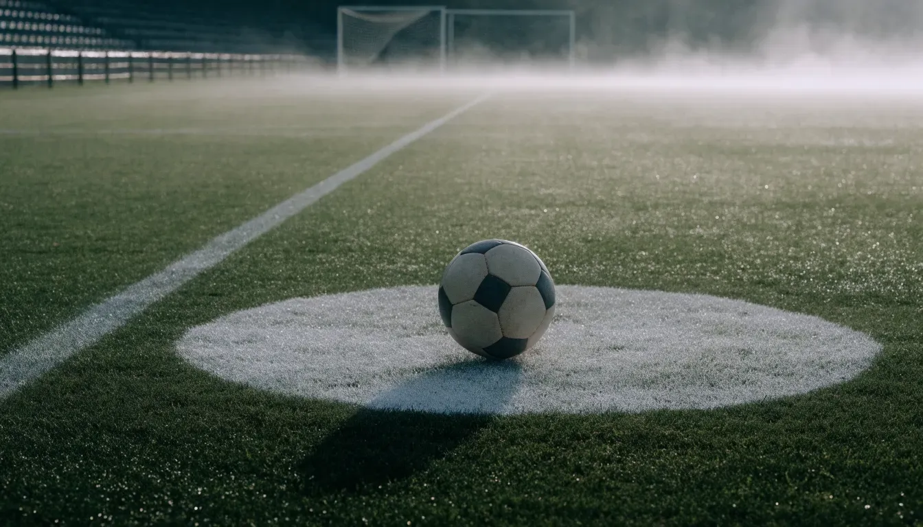 Ein Fußball liegt auf dem Anstoßpunkt eines leeren Rasenplatzes im Morgennebel.