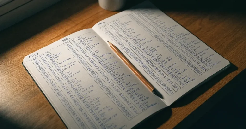 Ein aufgeschlagenes Notizbuch mit handschriftlichen Notizen und ein Bleistift liegen auf einem Schreibtisch im Licht einer Lampe.