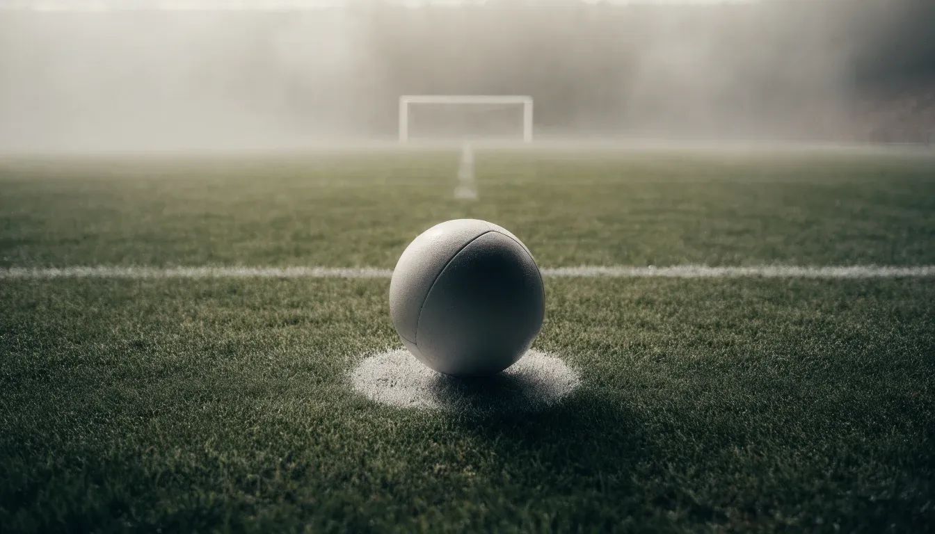 Ein Fußball liegt auf dem Anstoßpunkt eines leeren Rasenplatzes im Morgennebel.