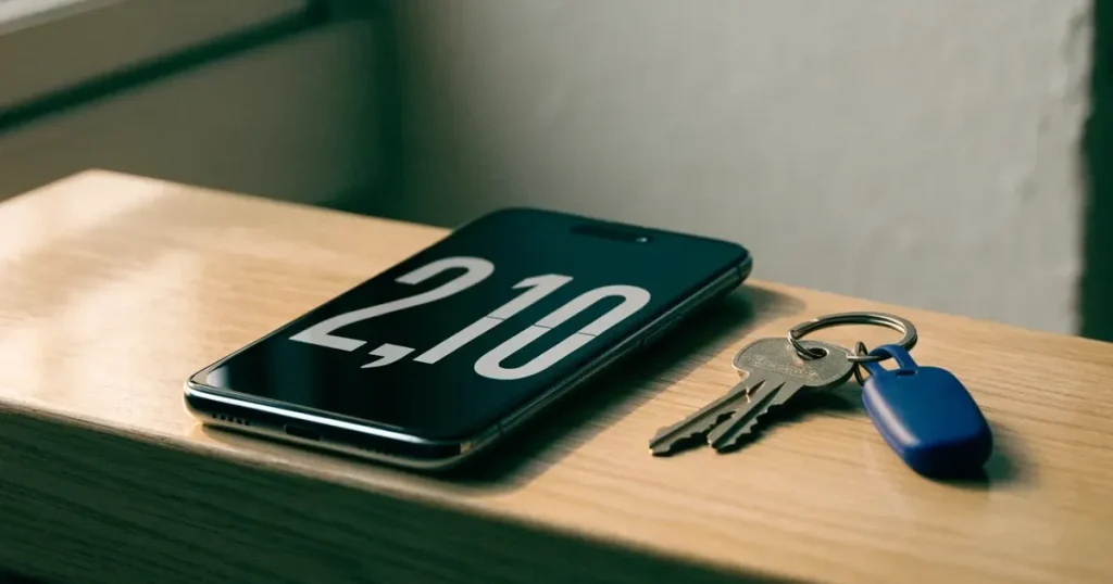 Ein Smartphone mit dunklem Display liegt auf einem hellen Tisch neben einem Schlüsselbund, Tageslicht fällt von der Seite ein.