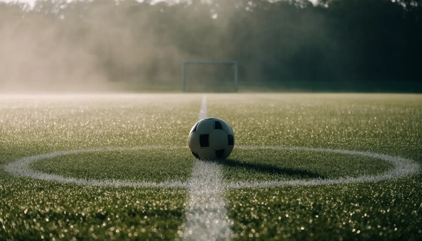 Ein Fußball liegt auf dem Anstoßpunkt eines leeren Rasenplatzes im Morgennebel.