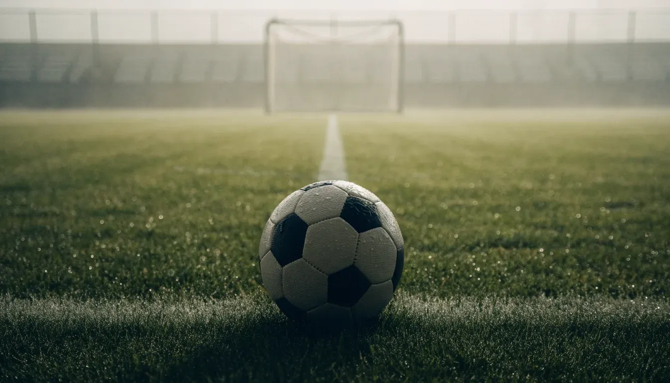 Ein Fußball liegt auf dem Anstoßpunkt eines leeren Rasenplatzes im Morgennebel.