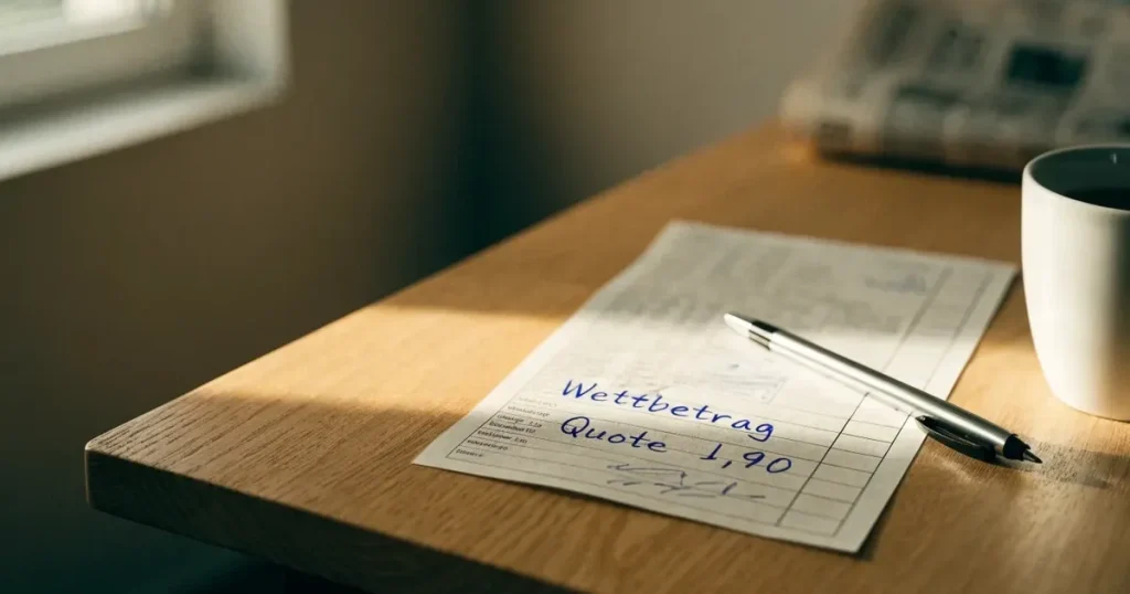Ein leerer Wettschein aus Papier und ein Kugelschreiber liegen auf einem hellen Holztisch neben einer Kaffeetasse im warmen Seitenlicht.
