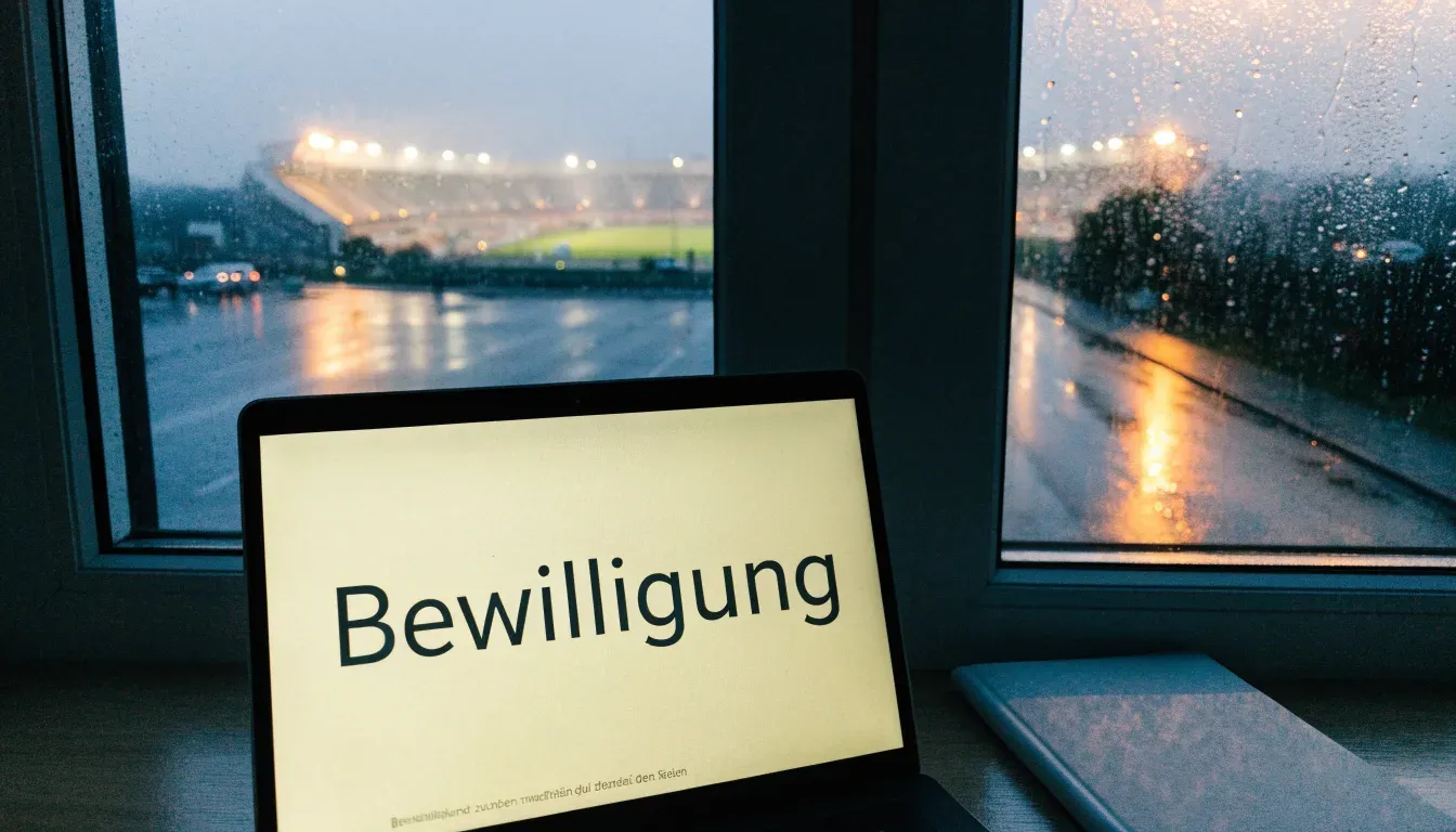 Ein Stadion unter Flutlicht aus großer Entfernung gesehen, davor eine regennasse Straße in der Dämmerung.