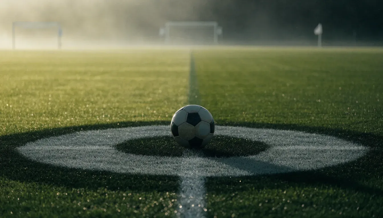 Ein Fußball liegt auf dem Anstoßpunkt eines leeren Rasenplatzes im Morgennebel.