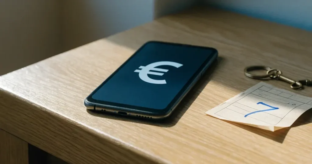 Ein Smartphone mit dunklem Display liegt auf einem hellen Tisch neben einem Schlüsselbund, Tageslicht fällt von der Seite ein.
