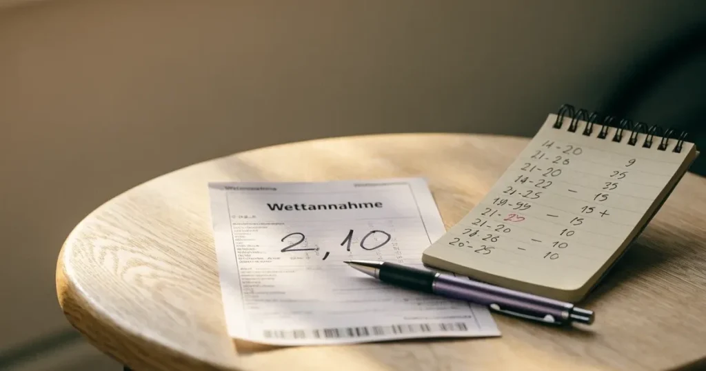 Ein leerer Wettschein aus Papier und ein Kugelschreiber liegen auf einem hellen Holztisch, daneben steht ein kleiner Taschenrechner.