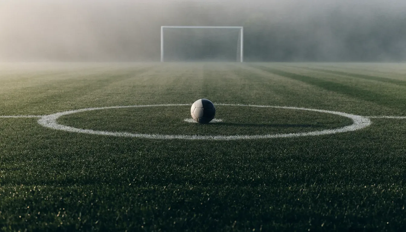 Ein Fußball liegt auf dem Anstoßpunkt eines leeren Rasenplatzes im Morgennebel.