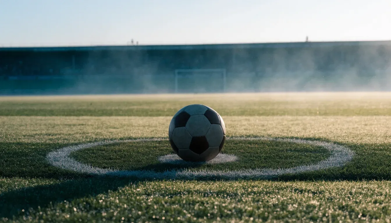 Ein Fußball liegt auf dem Anstoßpunkt eines leeren Rasenplatzes im Morgennebel.