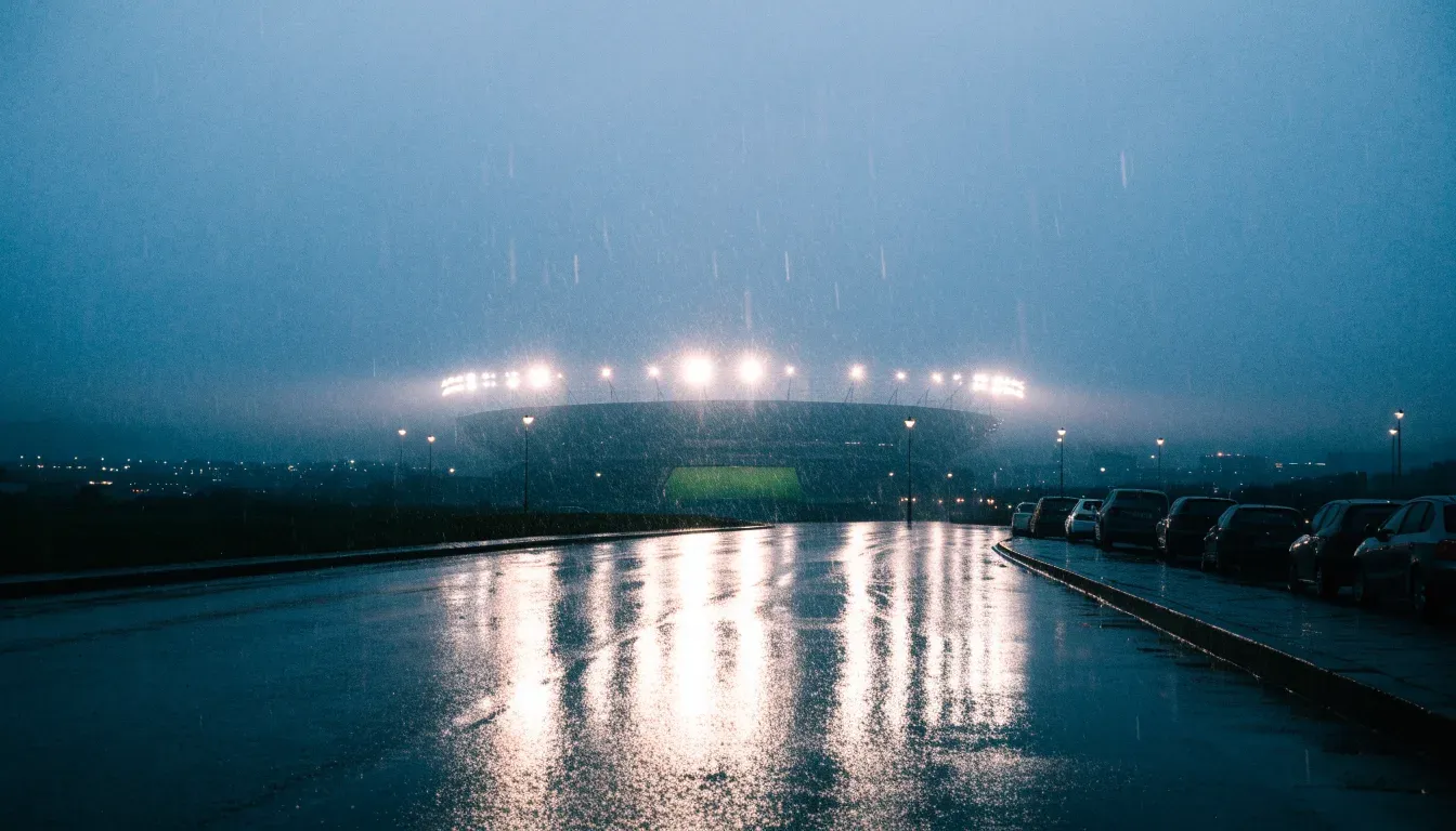 Ein Stadion unter Flutlicht aus großer Entfernung gesehen, davor eine regennasse Straße in der Dämmerung.