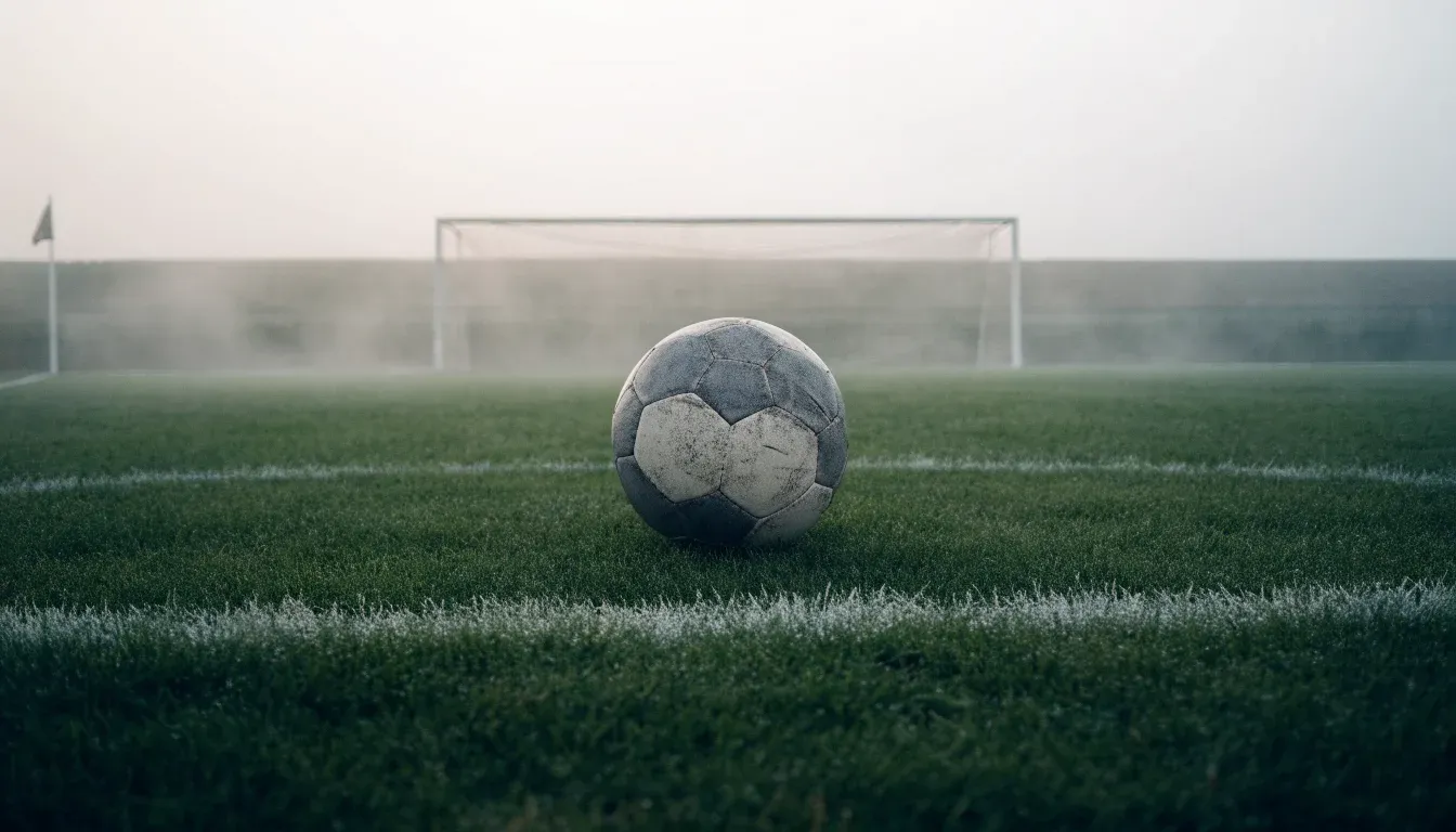 Ein Fußball liegt auf dem Anstoßpunkt eines leeren Rasenplatzes im Morgennebel.