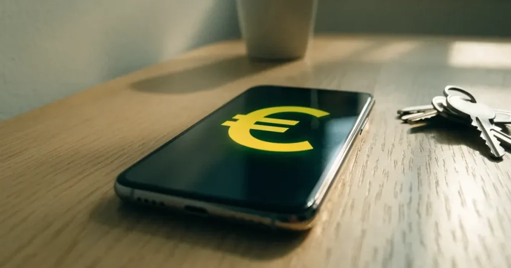 Ein Smartphone mit dunklem Display liegt auf einem hellen Tisch neben einem Schlüsselbund, Tageslicht fällt von der Seite ein.