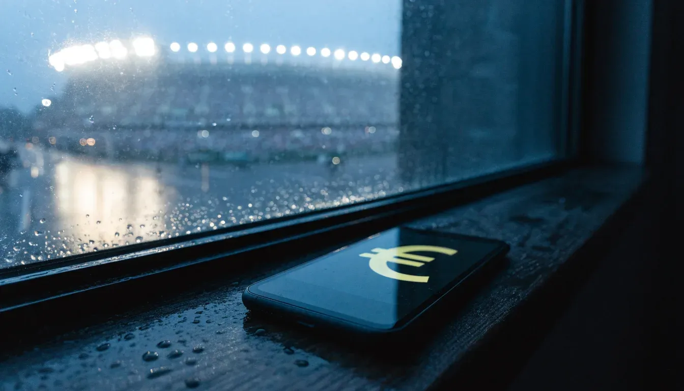 Ein Stadion unter Flutlicht aus großer Entfernung gesehen, davor eine regennasse Straße in der Dämmerung.