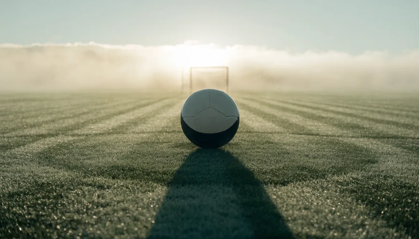 Ein Fußball liegt auf dem Anstoßpunkt eines leeren Rasenplatzes im Morgennebel.