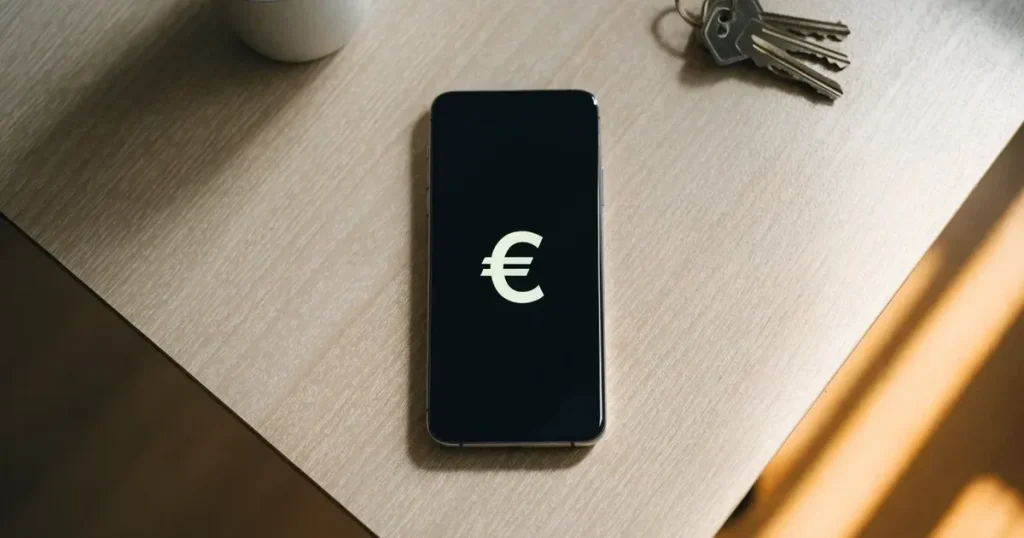 Ein Smartphone mit dunklem Display liegt auf einem hellen Tisch neben einem Schlüsselbund, Tageslicht fällt von der Seite ein.